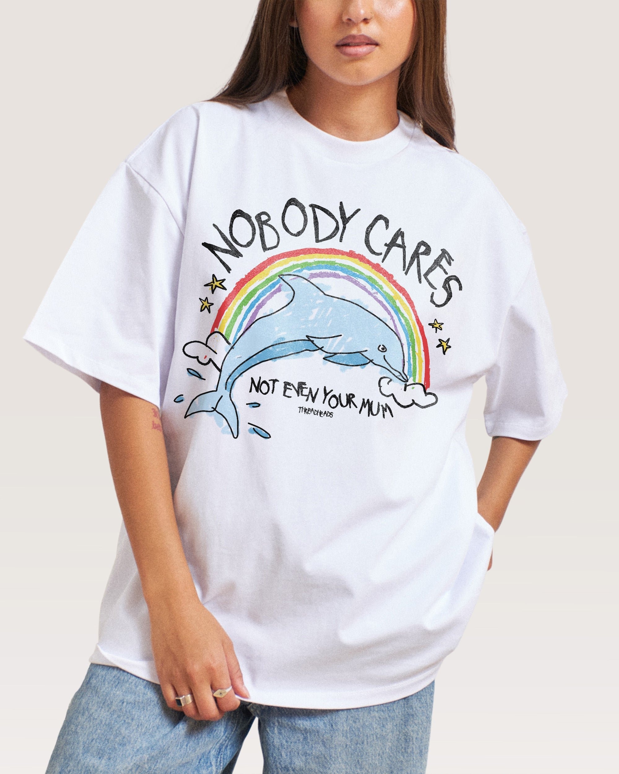 Nobody Cares Oversized Graphic Tee - Unisex 90s Boxy Fit 100% Combed Cotton