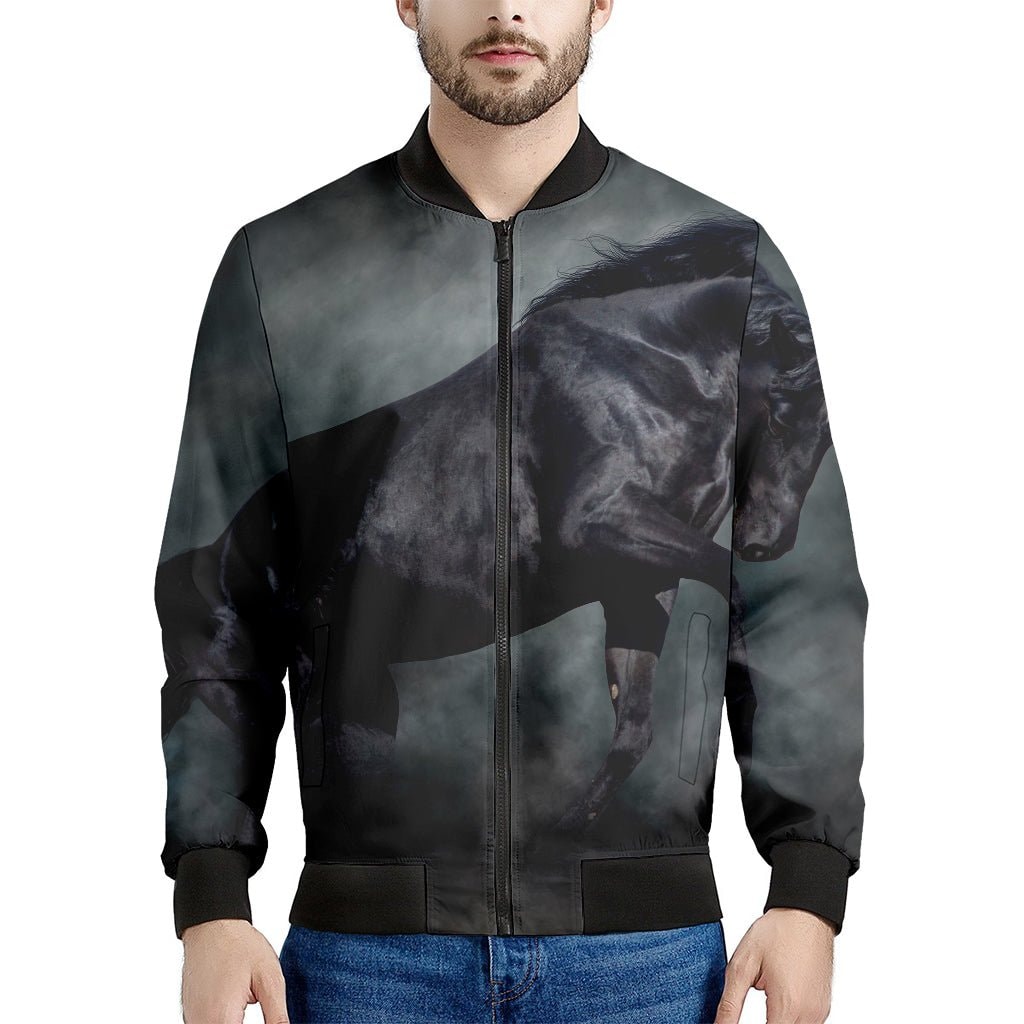 Black Stallion Horse Print Men's Bomber Jacket - Premium Polyester