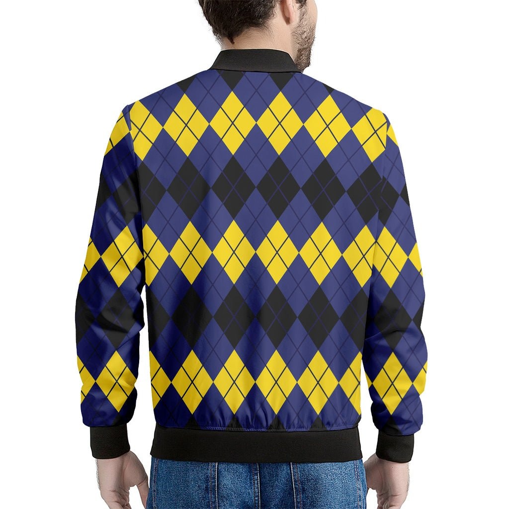 Black Yellow Blue Argyle Print Men's Bomber Jacket - Polyester Blend